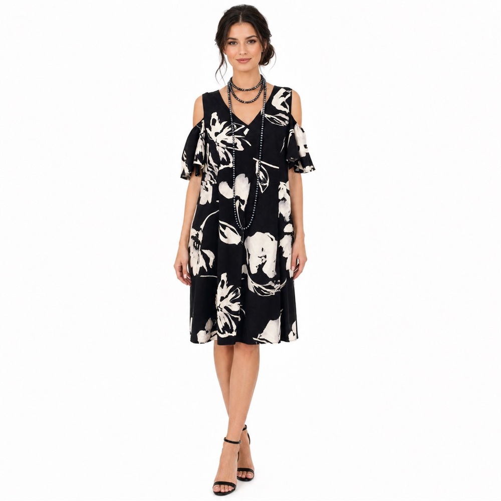 RALPH LAUREN Cold Shoulder Black & White Tropical Print MIDI Dress Sz 18